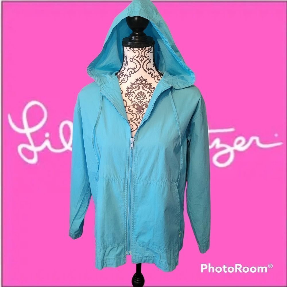 Lilly Pulitzer Blue Windbreaker Jacket S White Label Full Zip Hooded Cotton